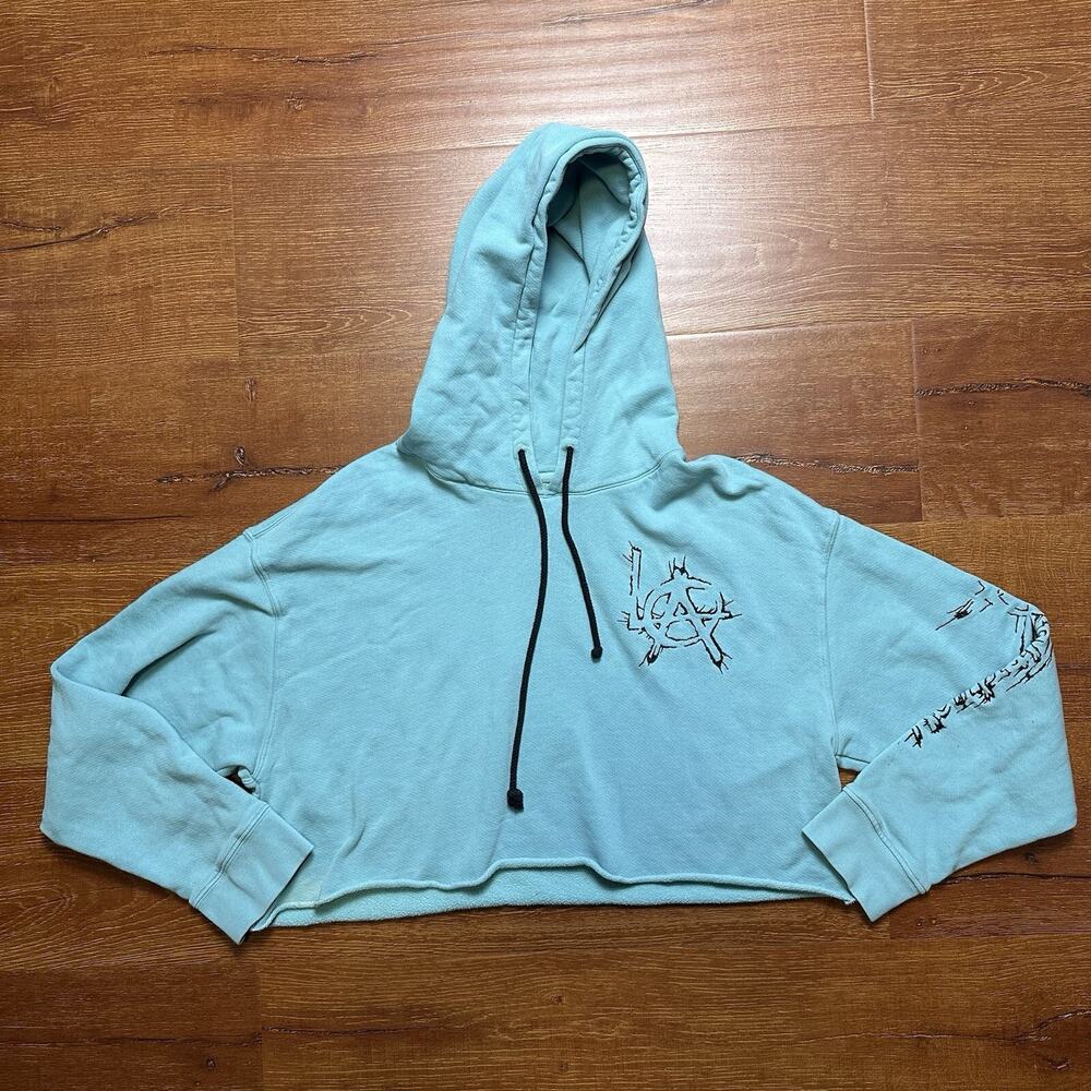 Adaptation Crop Hoodie M Blue Sweater Raw Hem Post LA City Modern Alt Punk Rock